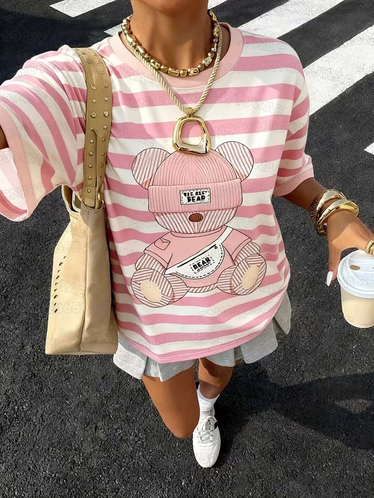 Summer Women Raise Your Hand Teddy Bear Striped T-shirt Y2K Plus Size Round Neck T-shirt Street Casual Sports Top