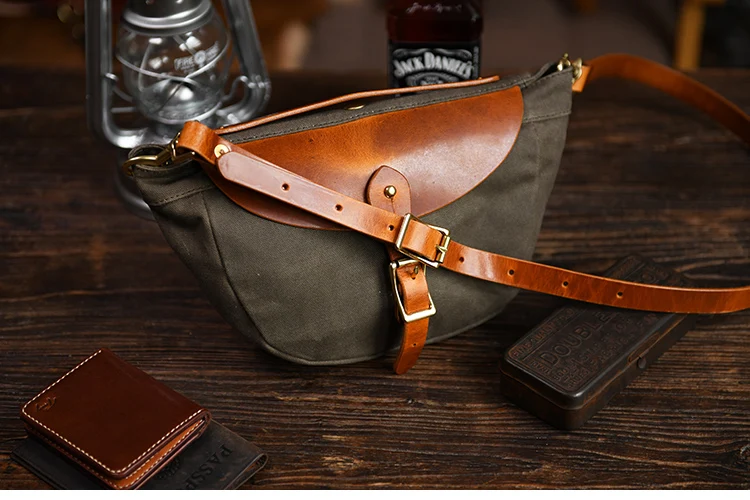 Canvas Vintage Men\'s Chest Bag Shoulder Top Layer Cowhide Leather Large Sling Bag Casual Fashion Boy\'s Riding Crossbody Bag