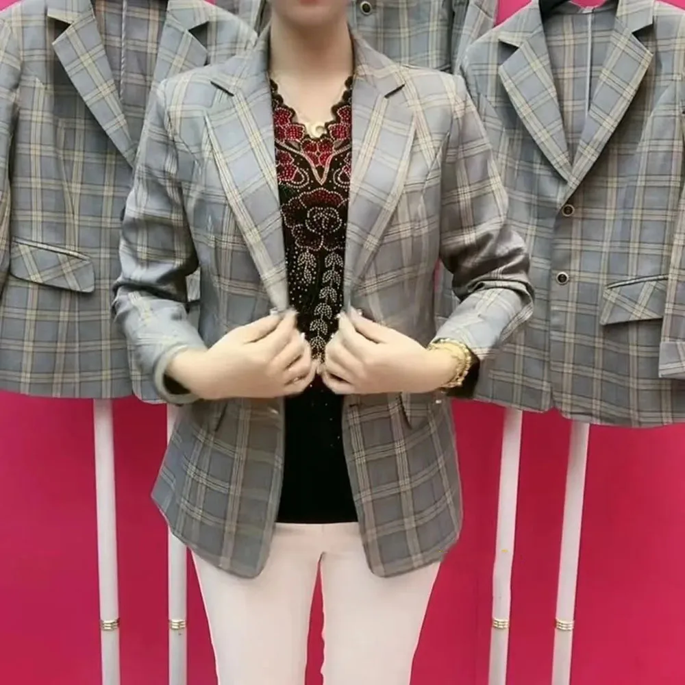 Blazer Vintage à Carreaux pour Femme, Veste Décontractée, à la Mode, pour Affaires, Manteau, Printemps Automne