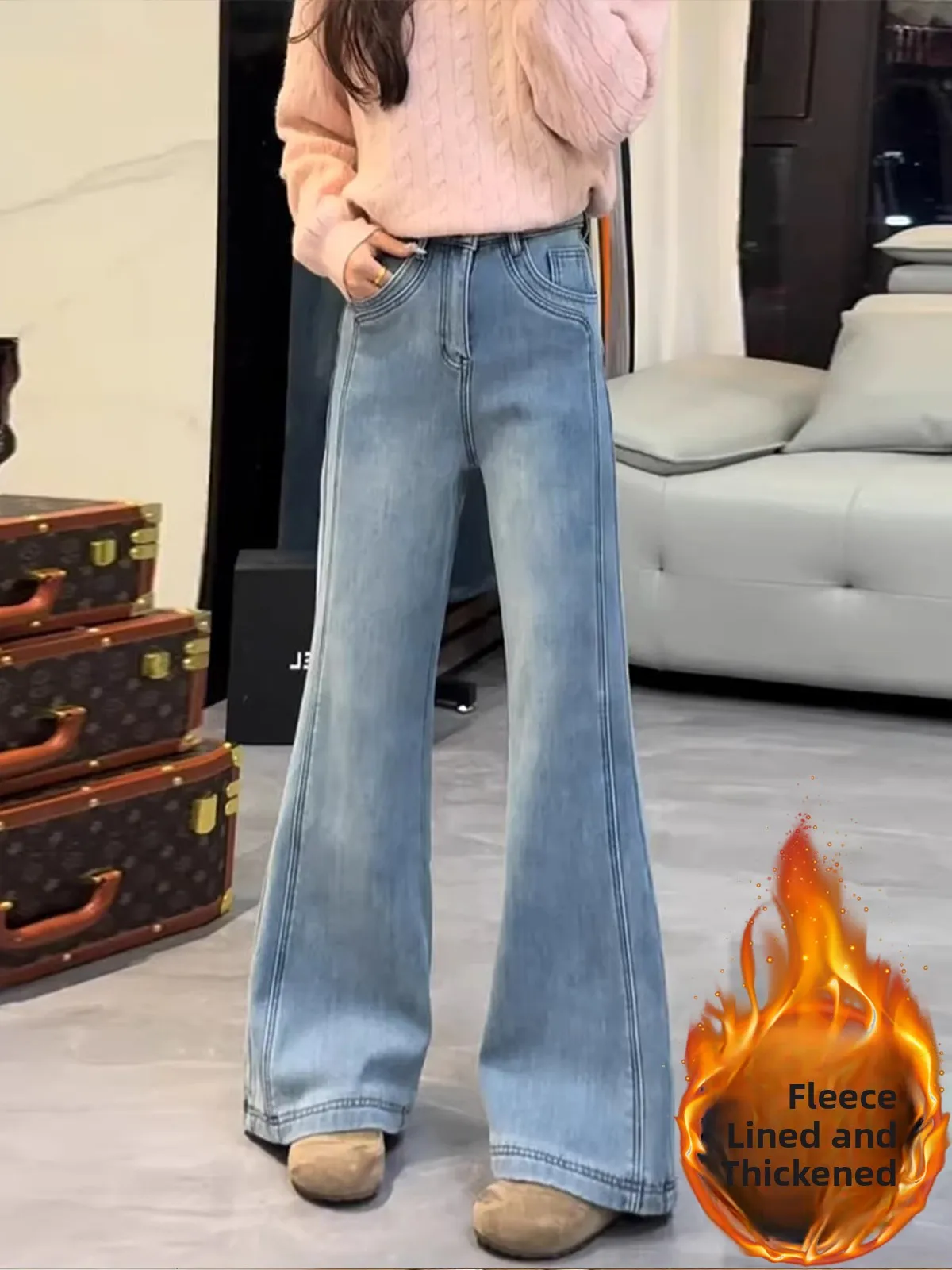 

Light Blue Fleece Lined Micro Flared Jeans Women's High Waist Slimming Long Pants Spring 2026 Casual Style Bootcut Denim