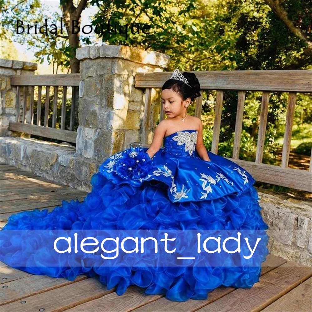 Royal Blue Cute Children mini quinceanera dresses Beauty Pageant Gowns Puffy Flowers Girl Birthday Dress Photography