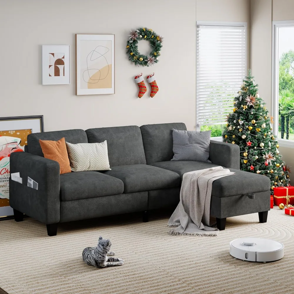 

Sectional Sofa Couches for Living Room - 78'' Gray 3 Seat L-Shaped Couch with Storage Ottoman, Modern Snowflake Velvet Convertib