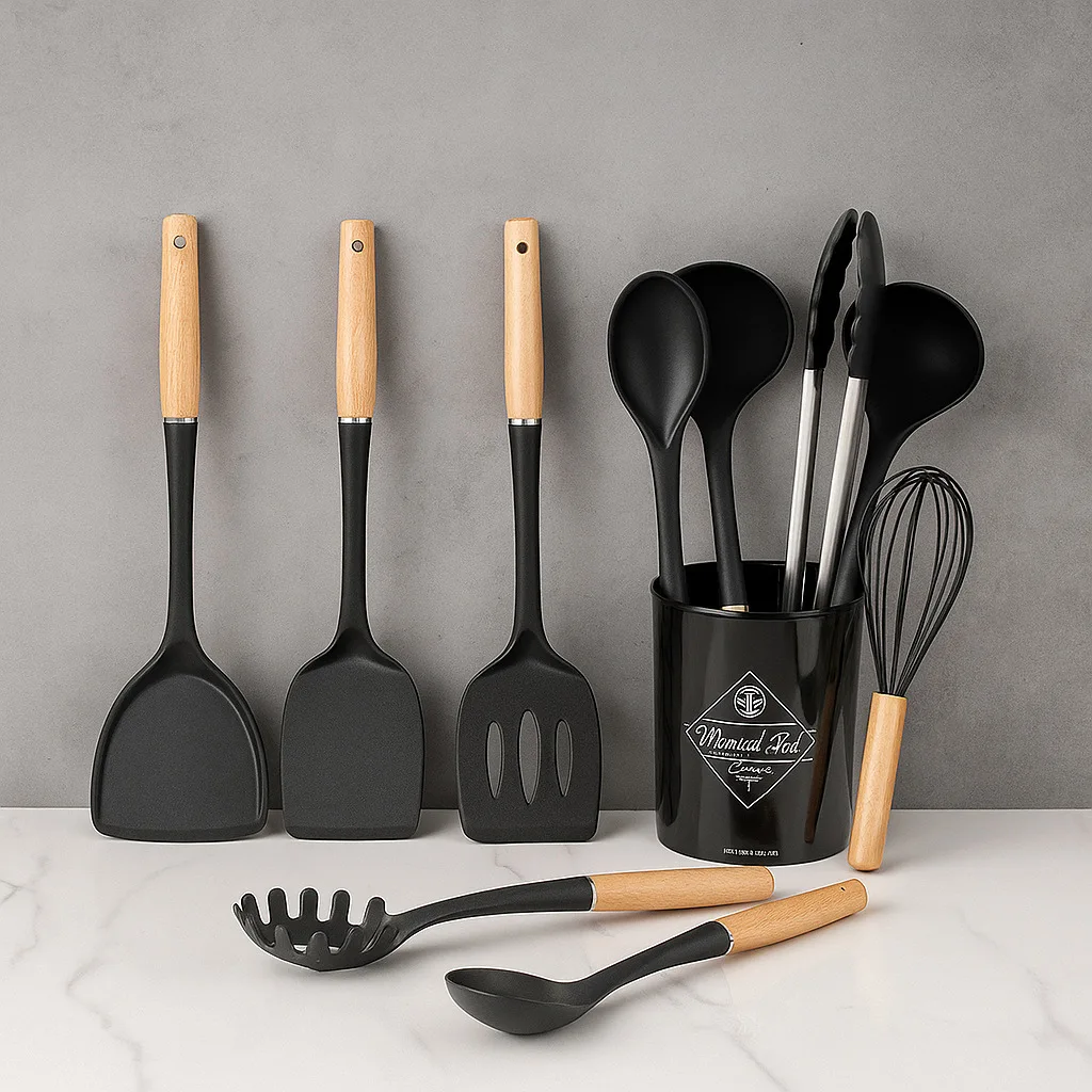 Silicone Cooking Utensils Set with Natural Beech Handles Featuring Heat Resistant Non Slip Design Includes Spatula Ladle Slotted