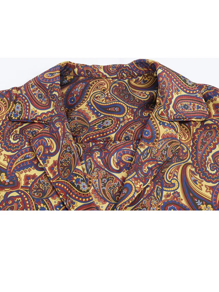 HH レディースファッション ペイズリー柄 ラペル シングルブレスト パジャマ風 プリントシャツ+ハイウエスト カジュアル レースアップパンツ 2点セット 女性用