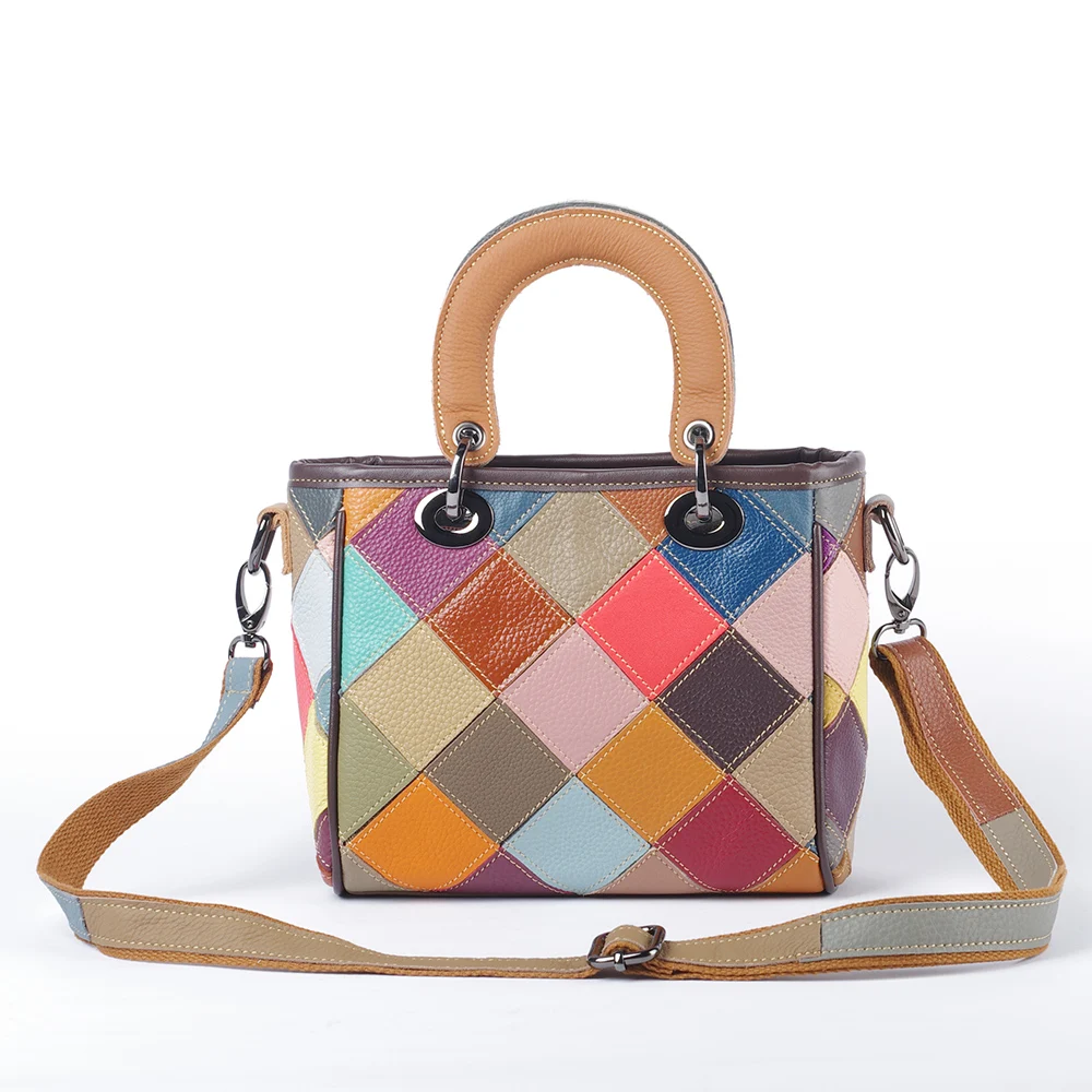 Fashionable colorful plaid contrasting genuine leather bag women\'s handbag personality design daily shoulder crossbody small bag