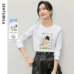 SENTUBILA 100% Cotton Long Sleeve T-Shirts For Women 2026 Spring Autumn Fashion Print Round Neck Tee Shirts Q53TG3915X