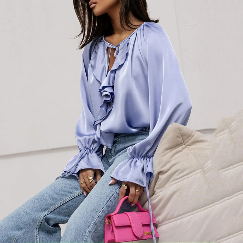 ฤดูใบไม้ผลิฤดูร้อนแฟชั่นเสื้อหลวมสําหรับผู้หญิงสบายๆสีทึบ O คอ Lace Up Flared แขน Splicing Ruffle เสื้อ