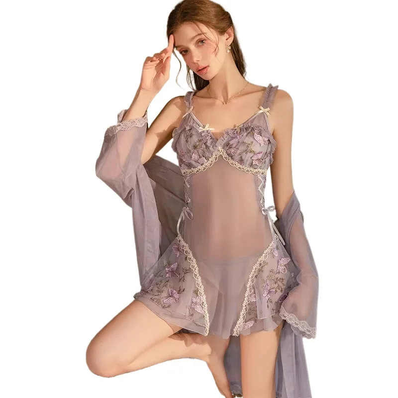Sexy Loungewear Babydoll Lace Trim Mesh Nightgown Push Up Bra Top Removable Pads Butterfly Embroidery Open Back Tie Backless Set