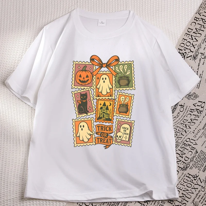 Retro Girly Halloween Cat and Ghost Tshirt Cute Spooky Season Pumpkin T-shirt Fall Cotton Short Sleeve Round Neck Tees
