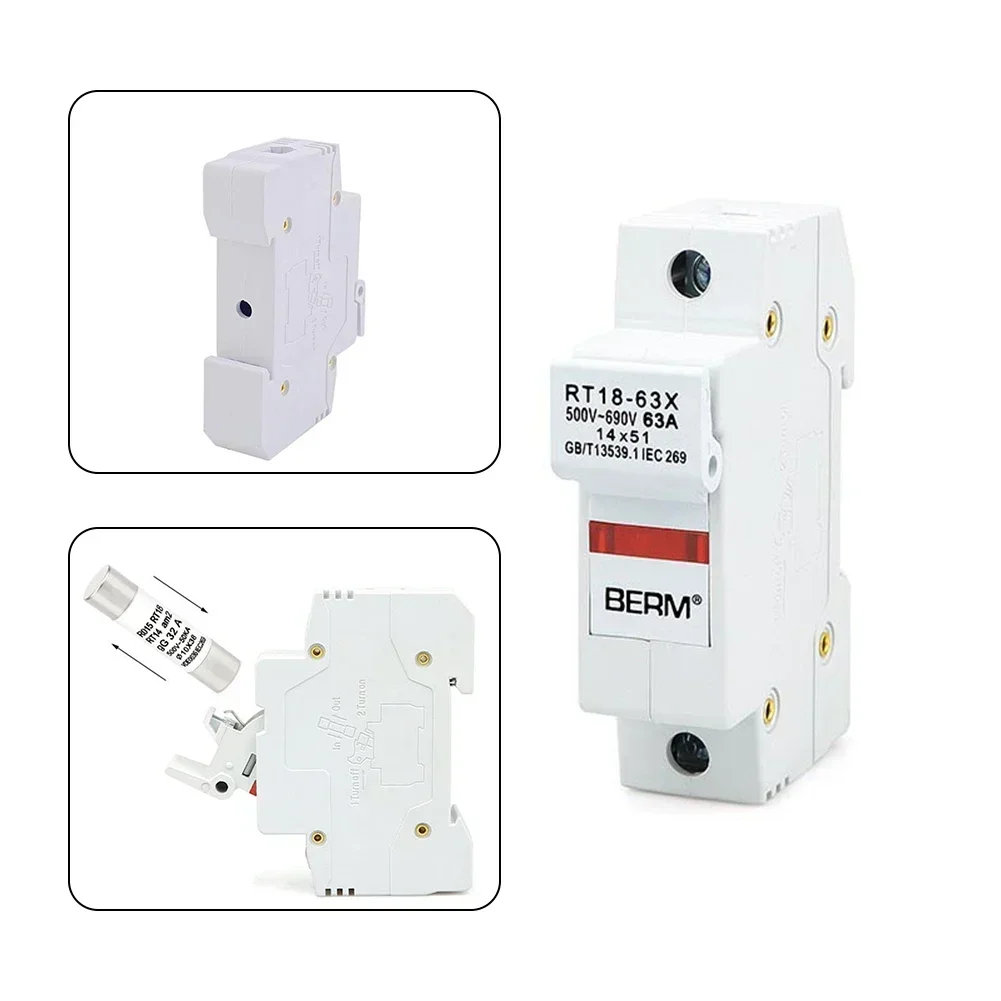 Base Fuse Holder 14x51mm 1P 63A 500V Accessories DIN Rail Fittings Flame Retardant Shell Mount RT18-63X Reliable