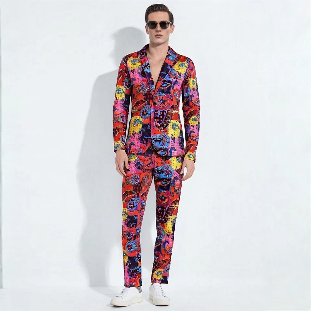 

Vintage Floral Printed Man Suit Set Fashion Slim Fit 2 Piece Tuxedo Blazer + Pants Bar Stage Performance Costume Homme Plus Size