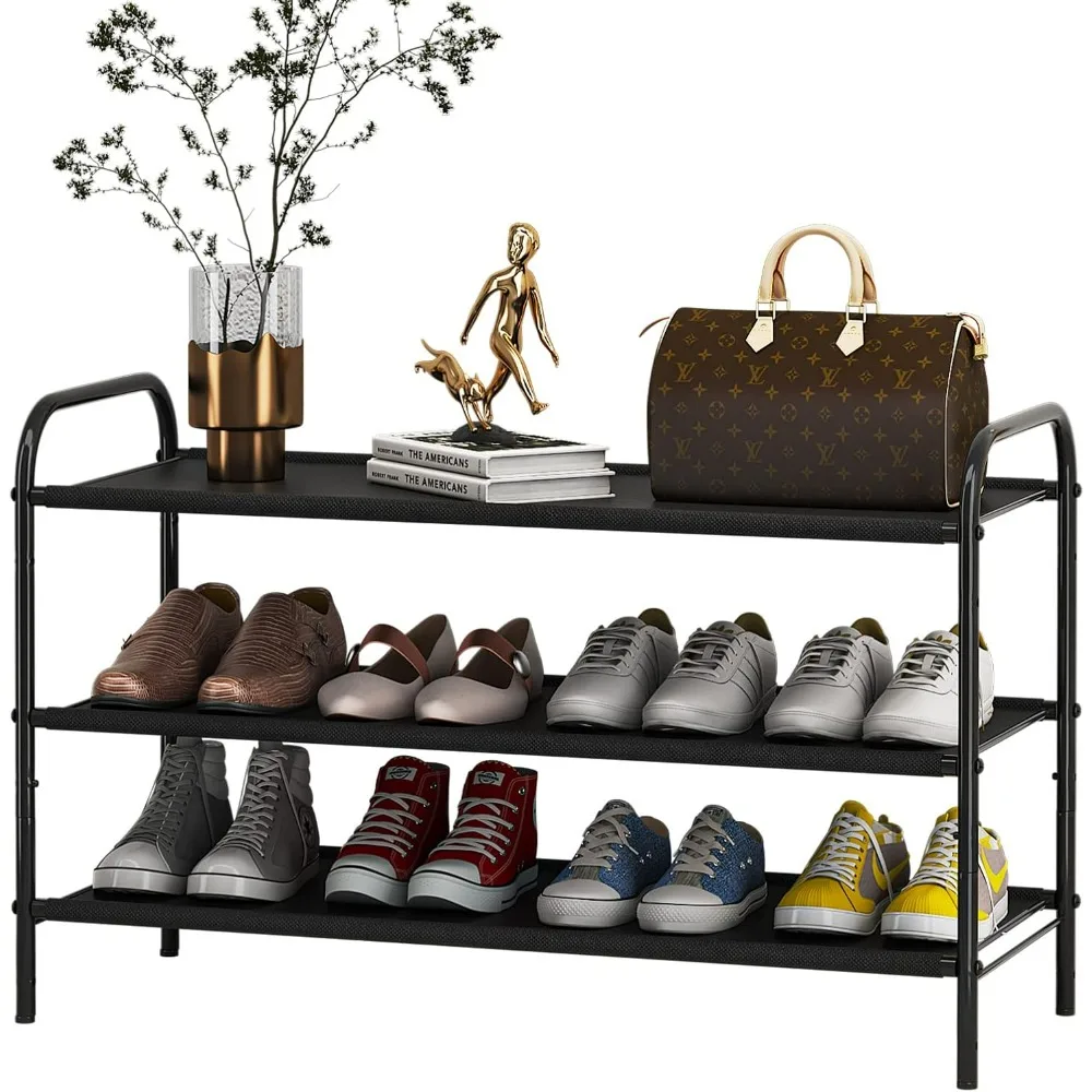 

【3 Tier】 Stackable Shoe Rack Organizer Storage, Adjustable Fabric Shoe Shelf for Closet Closet Hallway Bedroom Entryway, Black