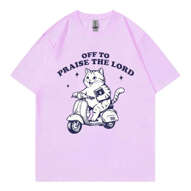 Off To Praise The Lord Christian T Shirt Funny Cat on Scooter with Bible Meme T-shirts Men Women Casual Fashion Loose T-shirt