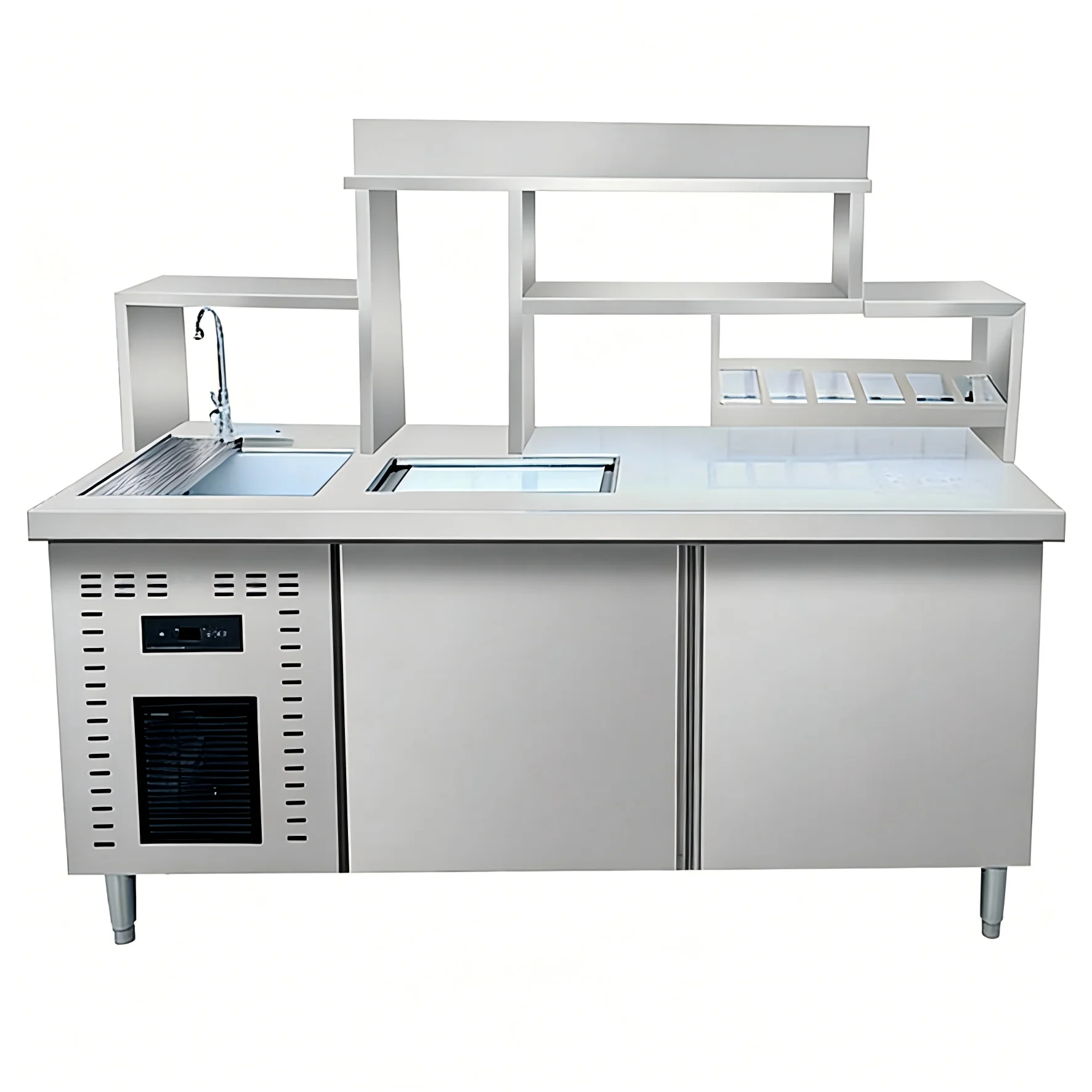 

rd-Hot Multi-functional Stainless Steel 201/304 Bubble Tea Shop Counter Prep Table Cooling Double Doors Coffee Shop Equipment#