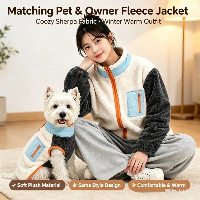 Winter Fleece Matching Outfits for Owner and Dog, Windproof Plush Pet Vest, Warm Pet Clothes