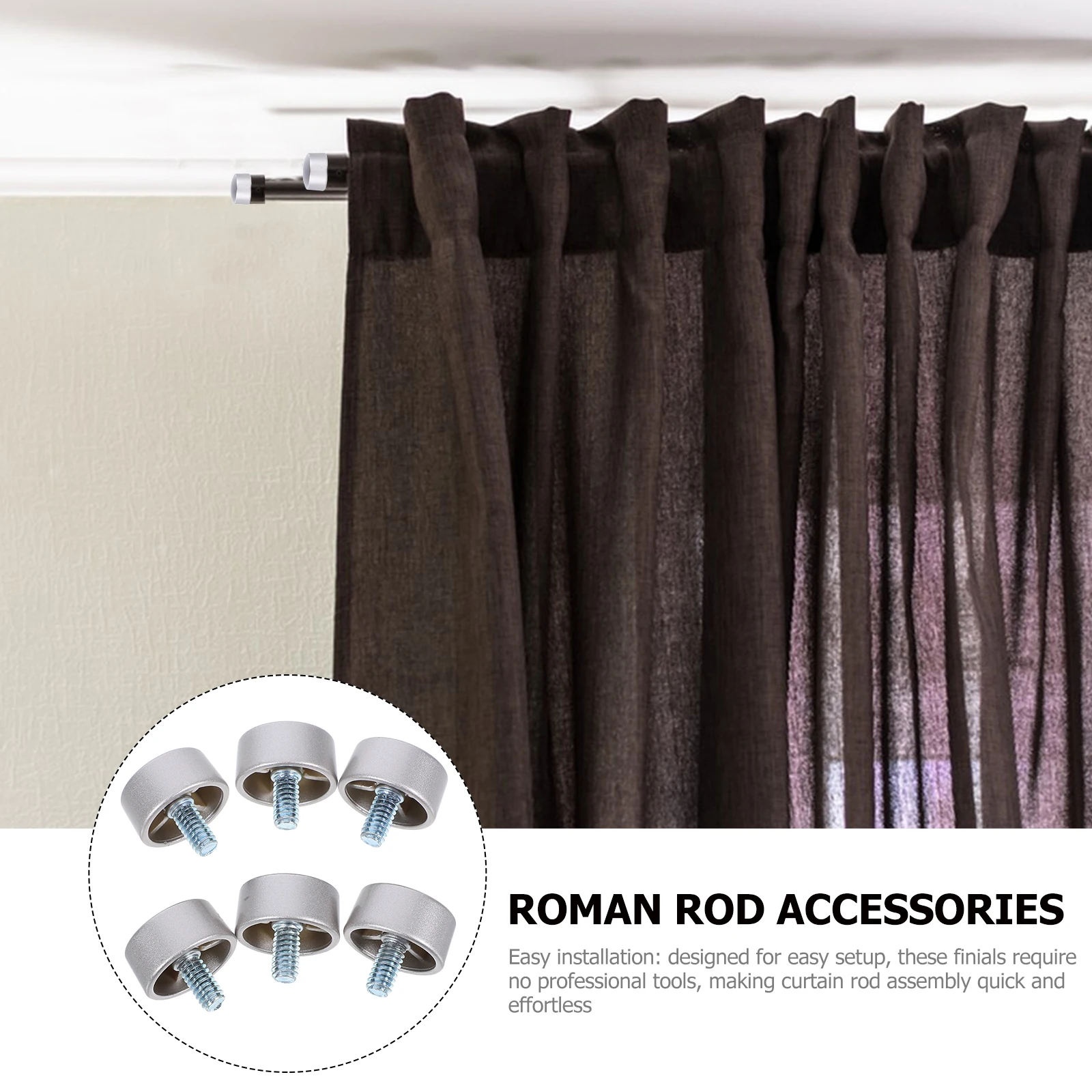 

6 Pcs Curtain Rod Decorative Head Pole End Caps Stop Hardware Ends Metal Blackout Rods
