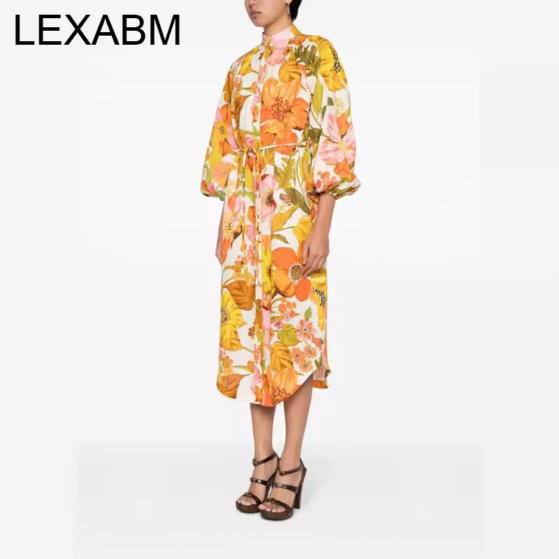 Sukienki maxi z kwiatowym nadrukiem, bufiastymi rękawami, eleganckie, z dekoltem typu O, sznurowane, sukienki na wakacje, plażę, imprezę.