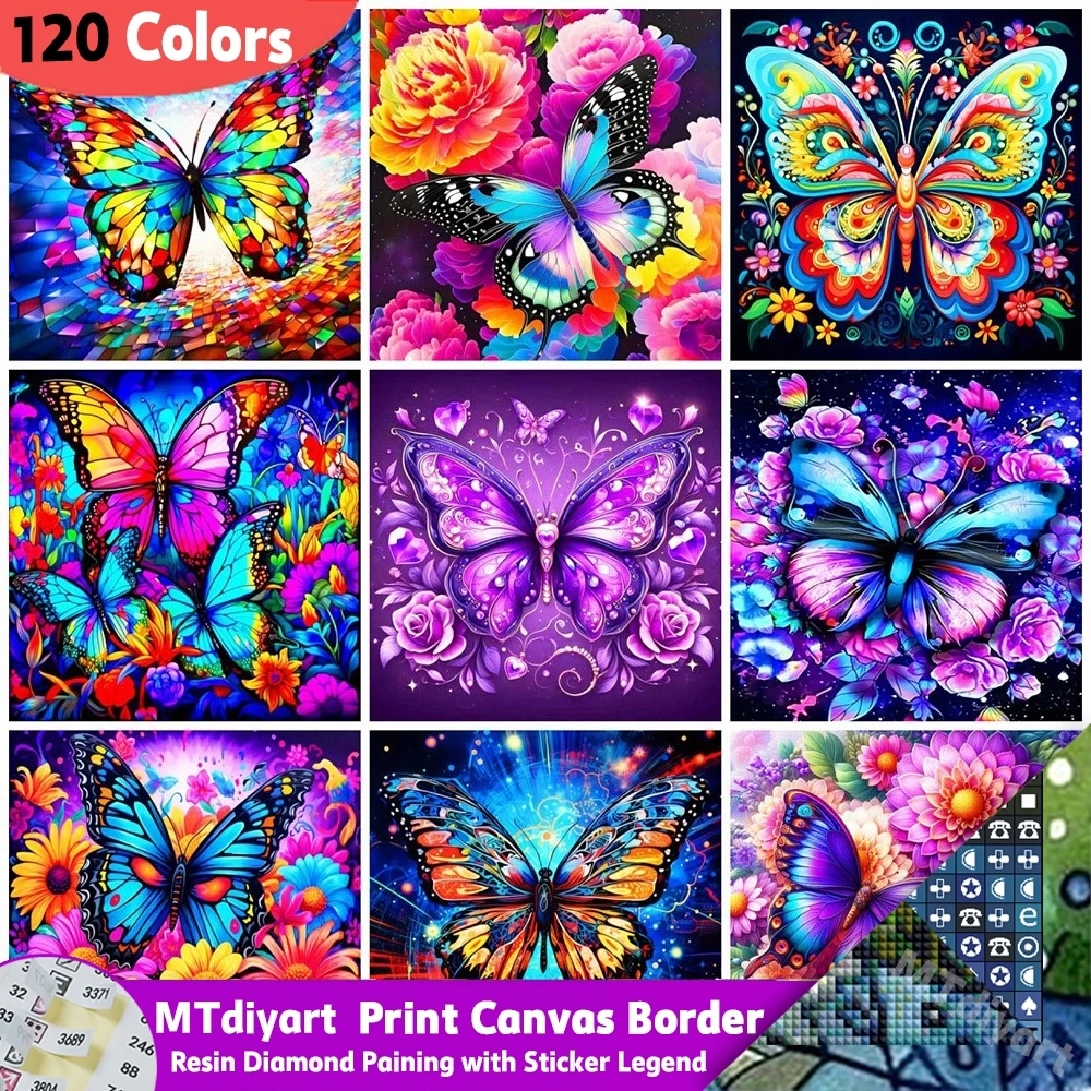 Bedruckte Leinwand mit Rand 120 Farben Harz-Diamantmalerei Symbol-Aufkleber Bunte Schmetterlinge Blumen Tiere DIY Wand-Mosaik