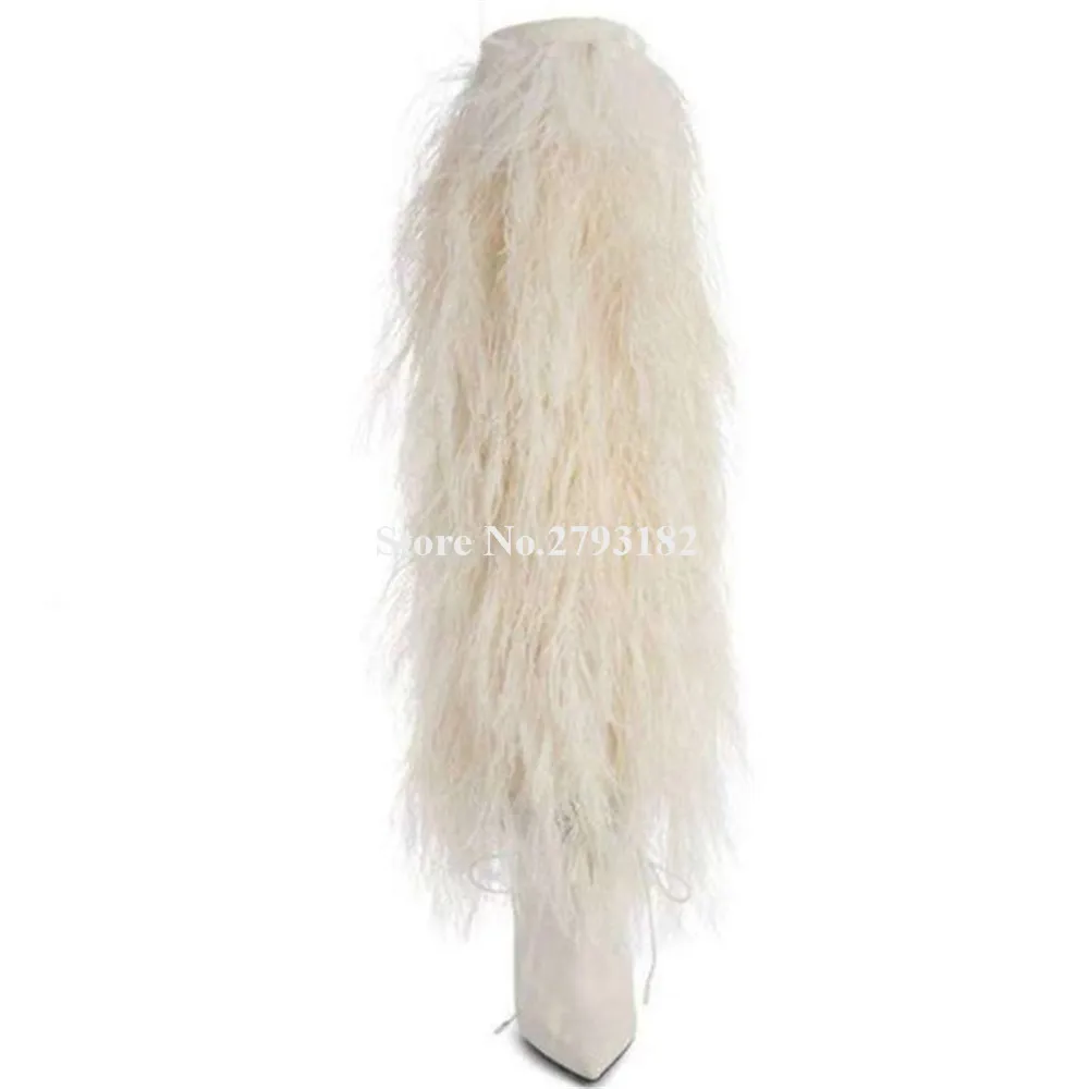 Fashion Women Long Fur Boots Women Sexy White Pointed Toe Feather Stiletto Heel Knee High Boots Charming Wedding Shoes