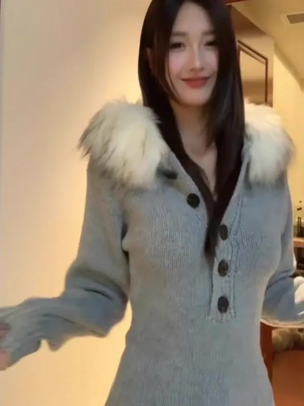 

Spicy Girl Detachable Fur Collar Henry Collar Knitted Sweater Women's Autumn Winter Korean Waist-Cinching Hooded Top Coat