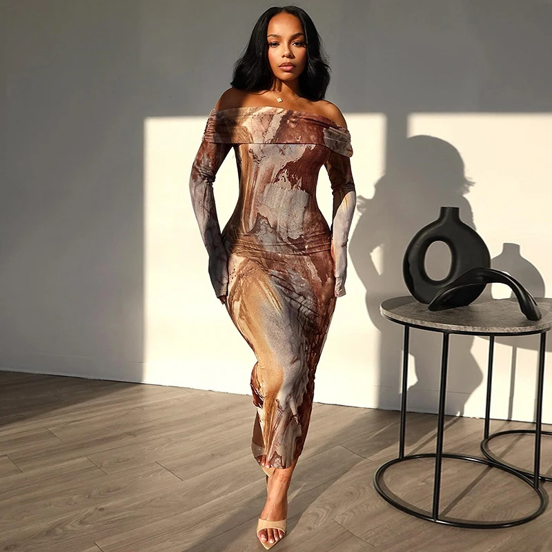 ربيع الخريف كم طويل مطبوعة المرأة Bodycon فستان قبالة الكتف مثير حفلة فستان طويل خمر عادية بسيطة الشارع الشهير رداء