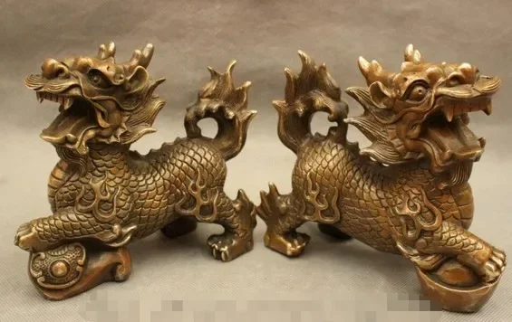 Folk Chinese Bronze Copper Wealth RuYi YuanBao Dragon Kylin Beast Statue Pair