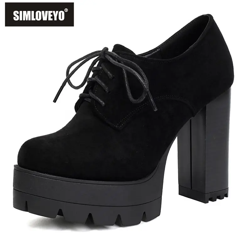 

SIMLOVEYO 2026 Новые женские туфли-лодочки из замши с круглым носком, на шнуровке, на массивном каблуке 11 см, на платформе 35 см, большие размеры 44, 45, 46, в стиле панк