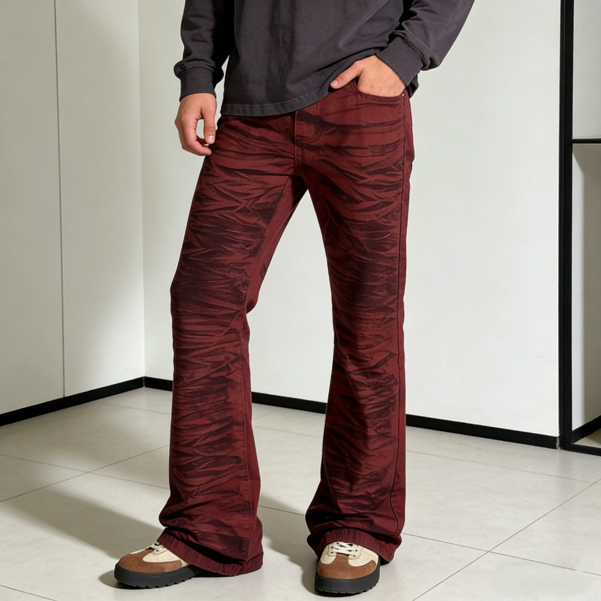 

Men's Red Tie-Dye Flared Jeans Vintage Washed Wave Print Slim Fit Denim Pants Streetwear Y2k Skinny Bell Bottom Jeans Men