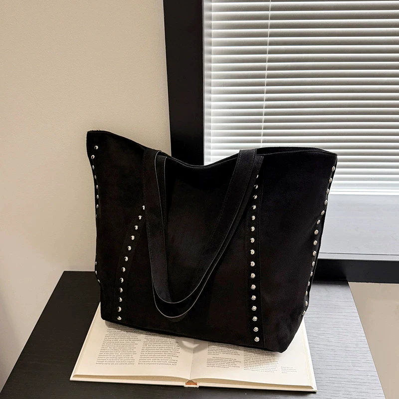 Frosted PU Rivet Tote Bag,Metal Studded Women Casual Shoulder Bag,Vintage Large Capacity Fall Winter Work Travel Commute Handbag