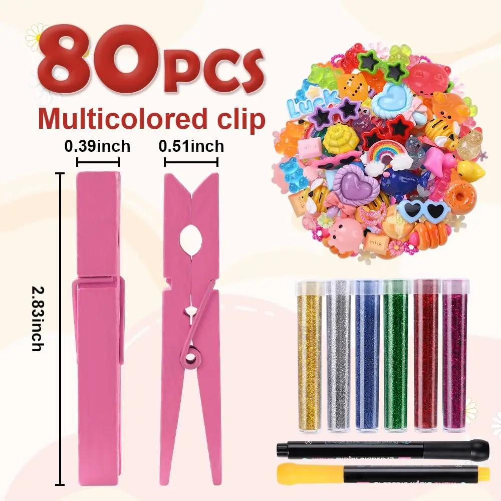 80PCS Cheer Pins Spirit Clips,80 Colored Wooden Clothes Pins 126 Mini Resin Animals Bows Daisy and Stickers Pen 300 Beads Pearls