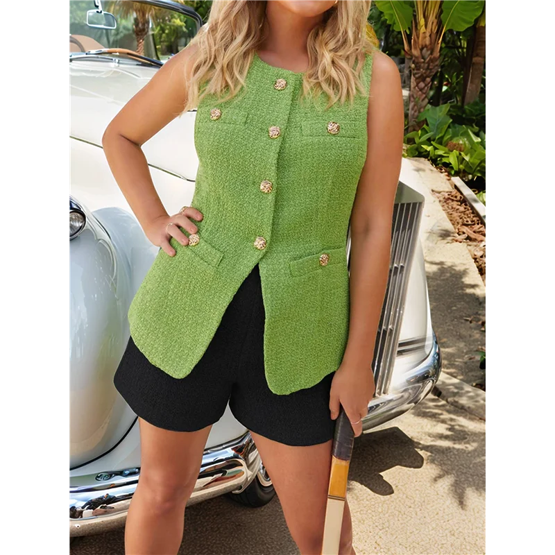 ASDS-Conjunto de traje informal de dos piezas para mujer, chaleco sin mangas con botones, pantalones cortos, traje de negocios de oficina