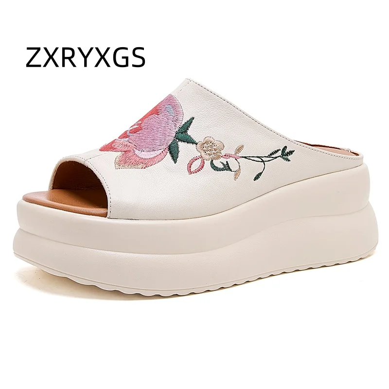 

ZXRYXGS New Premium Genuine Leather Embroidery Women Fashion Slippers Trendy Shoes Platform Wedges Slippers Elevator Shoes 2025