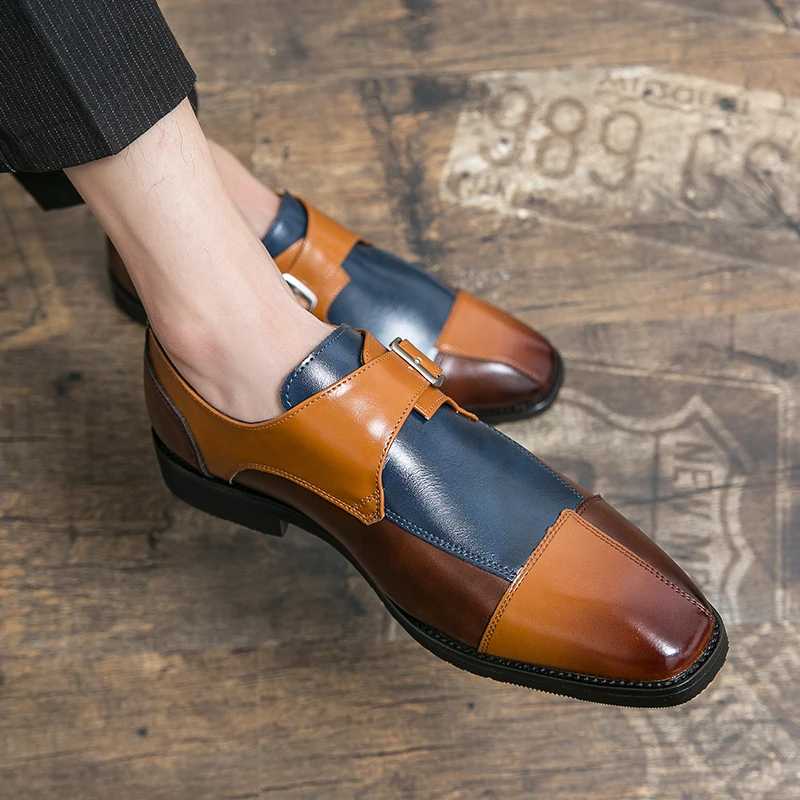 New 47 plus size 48 men\'s patchwork casual leather shoes Men\'s buckle leather loafers Fashion party show Derby shoes