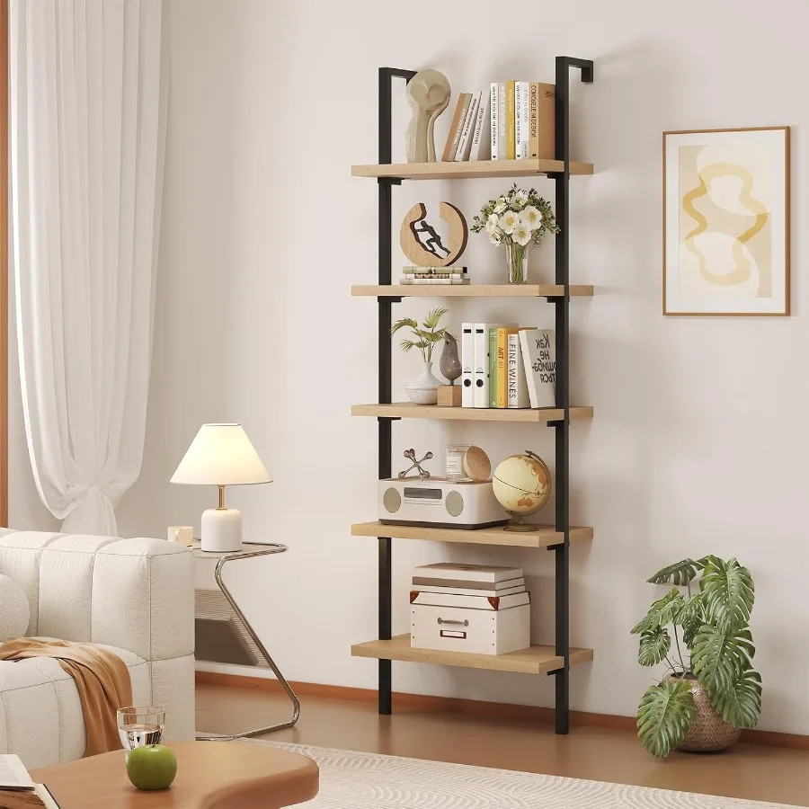 

5Tier Wall Mount Bookshelf with Metal Frame for Living Room Home Office Bedroom Tall AntiDump Design Durable Oak Finish Storage