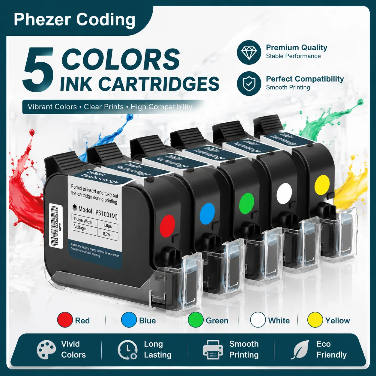Phezer A Level PS100 Original Ink Cartridge 12.7mm Quick Dry High Adhesion Printer Parts White Yellow Black Red Blue Green