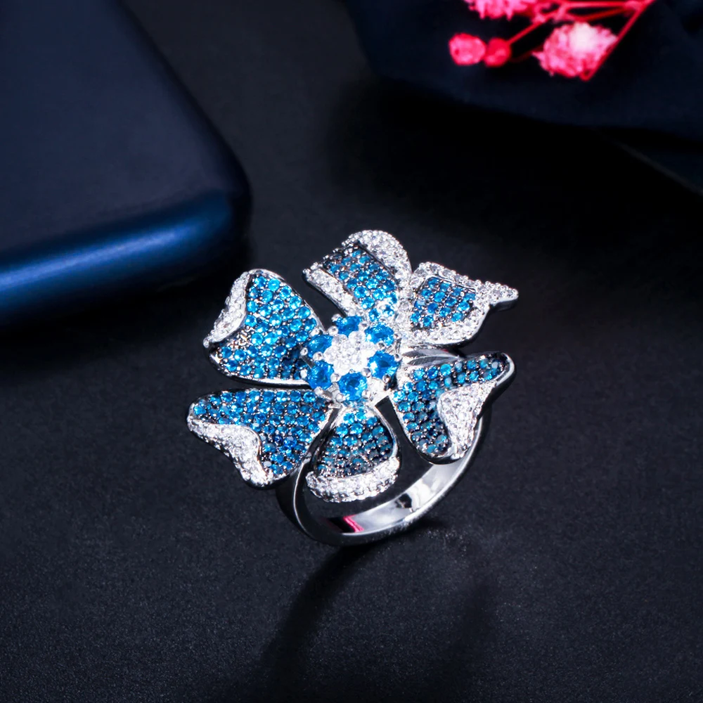 ThreeGraces Aesthetic Blue Cubic Zirconia Adjustable Size Extra Large Flower Ring for Women New Fashion Daily Party Jewelry R181