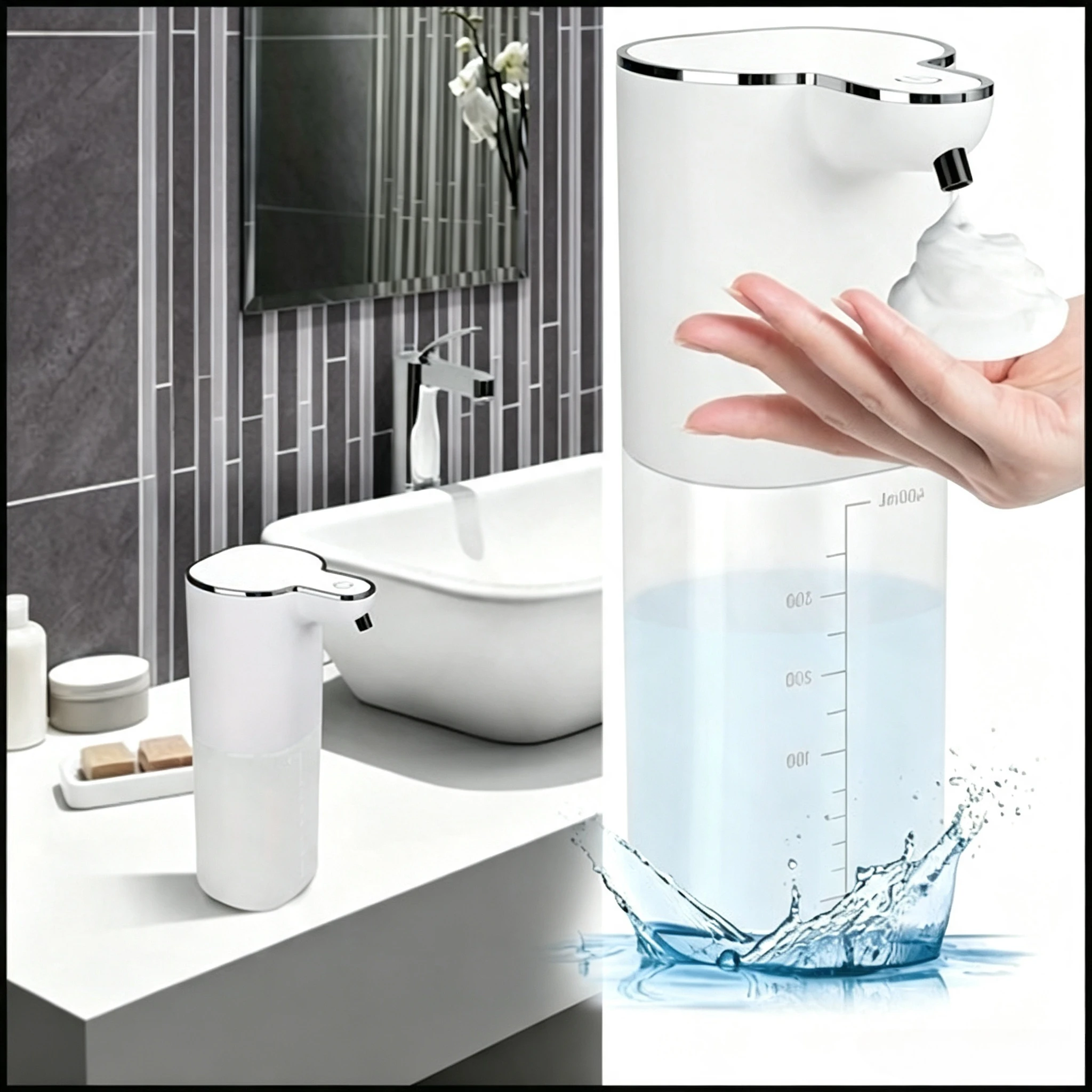 Distributeur de savon en mousse intelligent 400 ml avec capteur, distributeur automatique de savon moussant sans contact, distributeur de liquide mains libres, pompe à savon étanche pour salle de bain, cuisine, bureau, toilettes publiques
