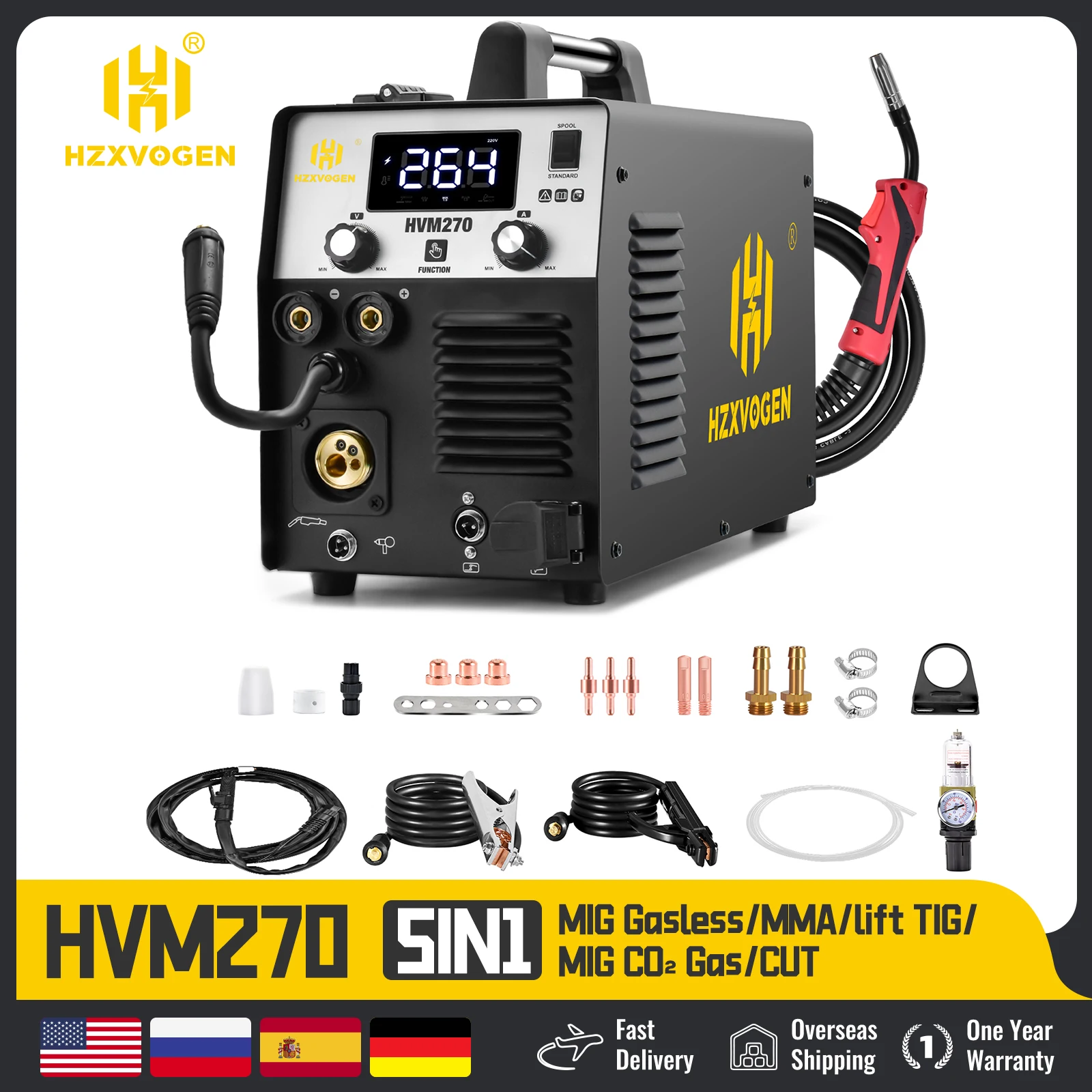 HZXVOGEN HVM270  Welder 5 IN 1 Gasless & Gas MIG CUT LIFT TIG MMA Multifunction LCD Welding Machine Synergy Non-HF Plasma Cutter