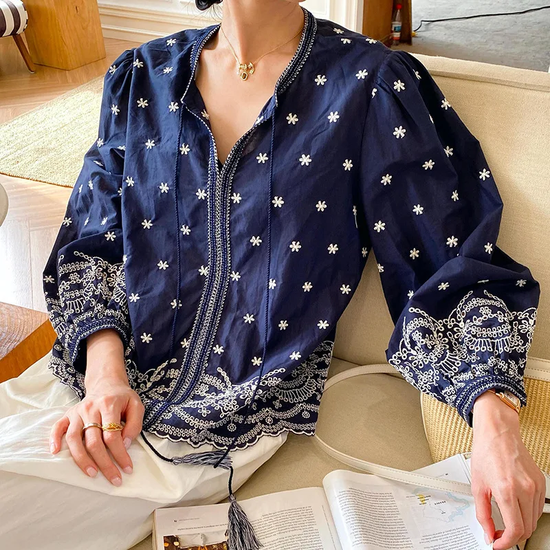 

2025 Spring And Autumn Women's Shirt Bohemian Tassel V-Neck Long Sleeve French Navy Shirt Retro Embroidery Top Vacation Blouse