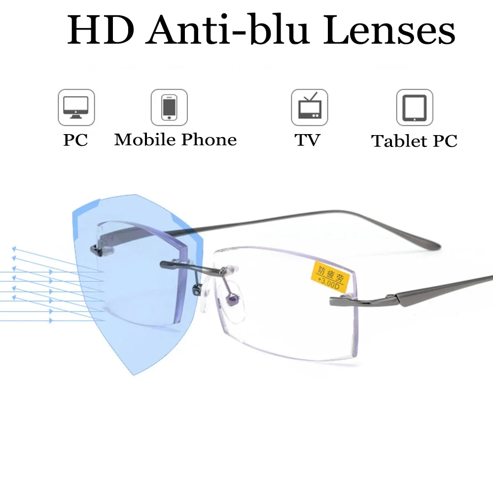 Leesbril Nomanov = Progressive Multifocal Reading Glasses Rimless Diamond Cut For Edges See Near And Far Top 0 Add +0.75 To +3