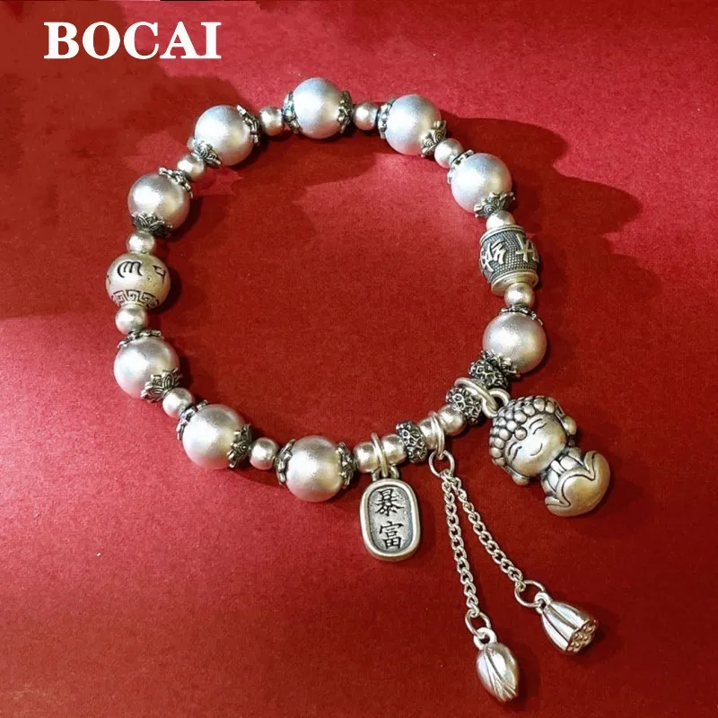 

BOCAI Real silver S999/S925 Jewelry Ancient Round Bead Bracelet Baby Buddha Double Happiness Pendant Bracelet Good Luck Gift