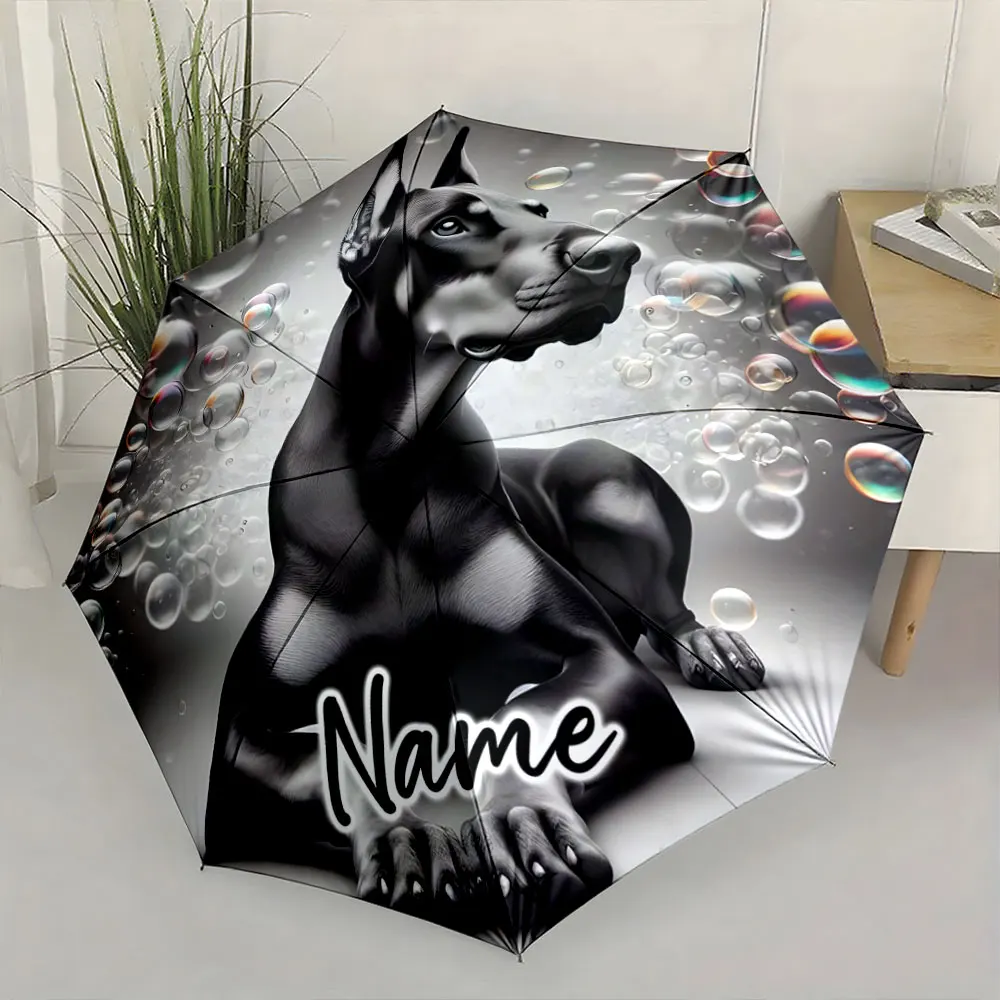 Custom Name  Stylish umbrella with a black dog and bubble design Print 8 Iron Ribs Folding Umbrella Auto-Open Fashion Sunshade