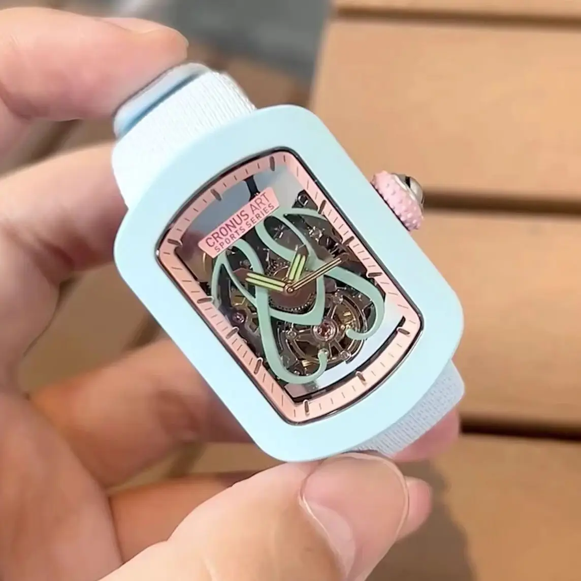 CRONUSART Women Automatic Watch 29mm Rectangle Ladies Mechanical Wristwatch Sapphire Mirror Luminous Skeleton Dial FKM Strap