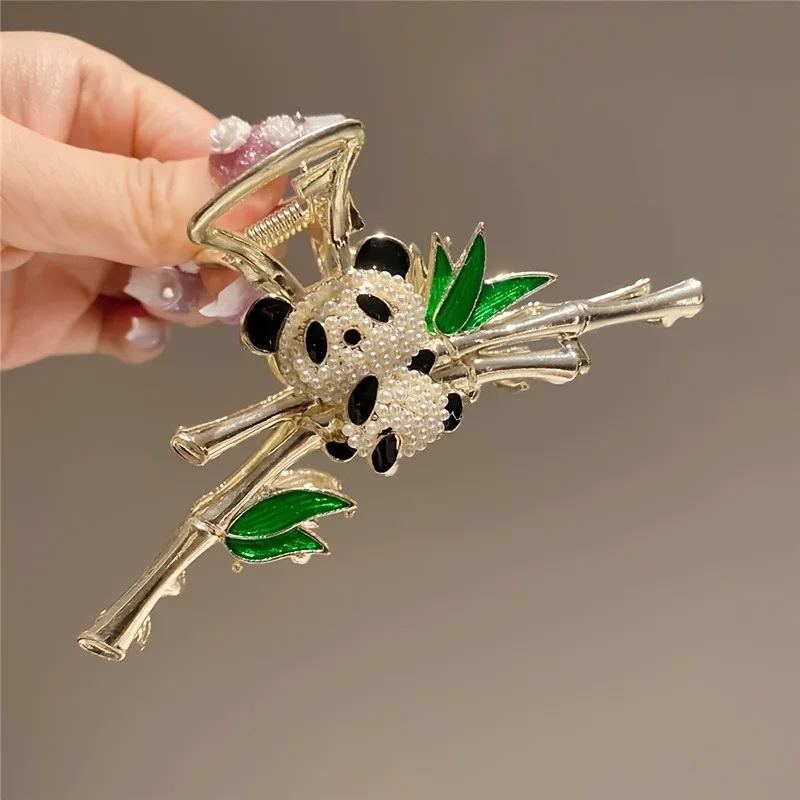 1pc Chinesischen Stil Panda Bambus Haar Clip Modische Niedliche Kleine Bär Wasser Diamant Haarnadel frauen Klaue Stil Haar Clip – Detail 1