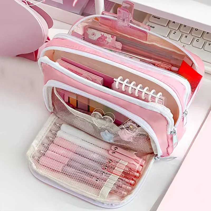 Sac à crayons esthétique rose pour filles, fournitures scolaires, étuis à crayons de grande capacité, sac de support coréen mignon, étui à fermeture éclair