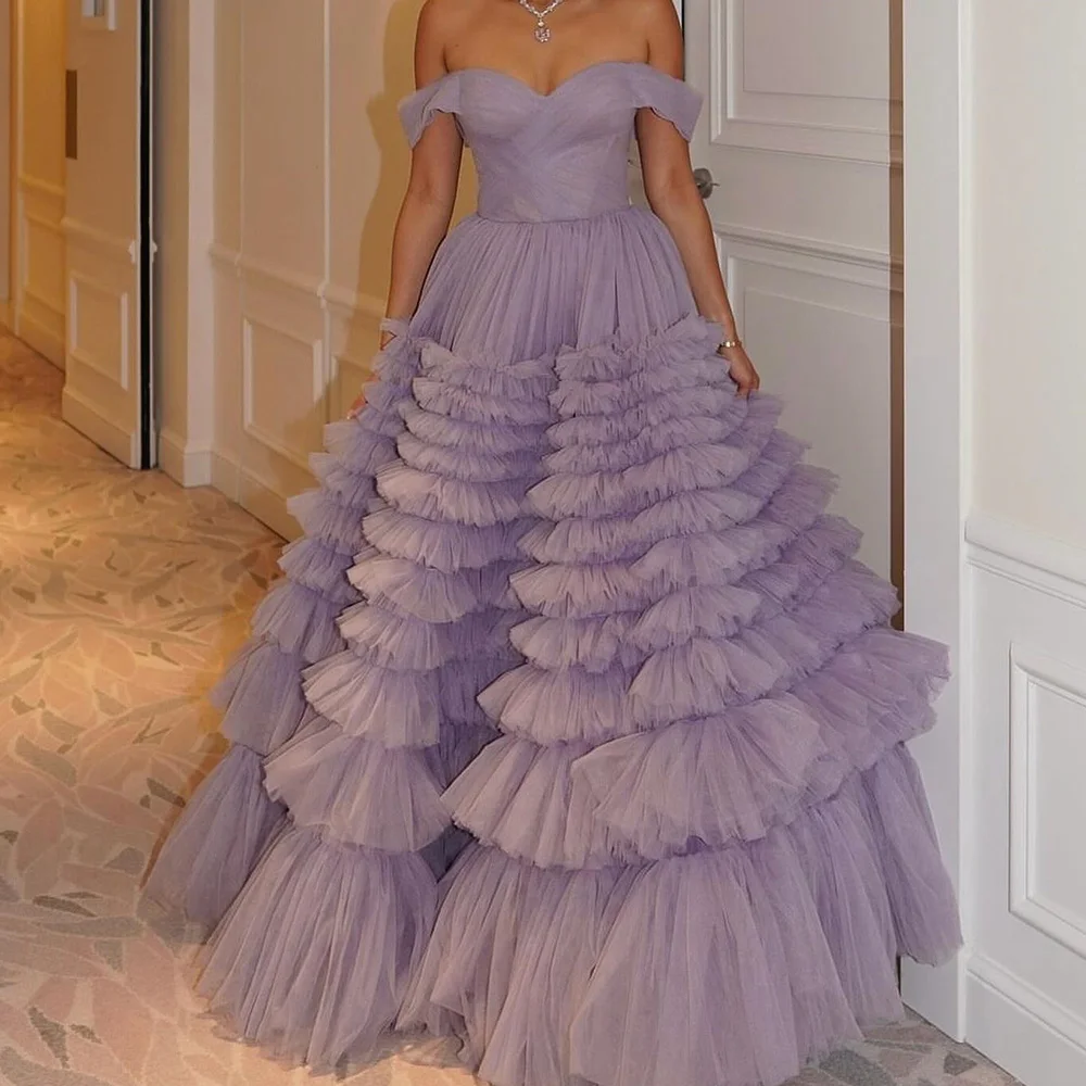 

Customized Classic Sweetheart Off The Shoulder Tiered Evening Dress Elegant Zipper Back Organza Short Sleeves Robe De