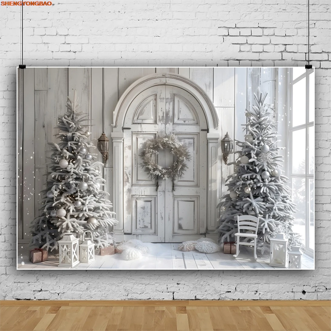 Weihnachten Fotografie Hintergrund Weihnachtsbaum weiß Vintage Wand Holz Tür Innen Baby Portrait Familie Party Foto Hintergrund Dekor