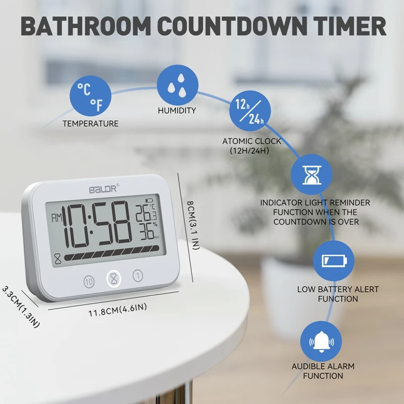 Baldr Waterproof Bathroom Watch Digital Touch LCD Shower Countdown Wall Clock Hygrometer Thermometer Kitchen Sound Alarm Timer