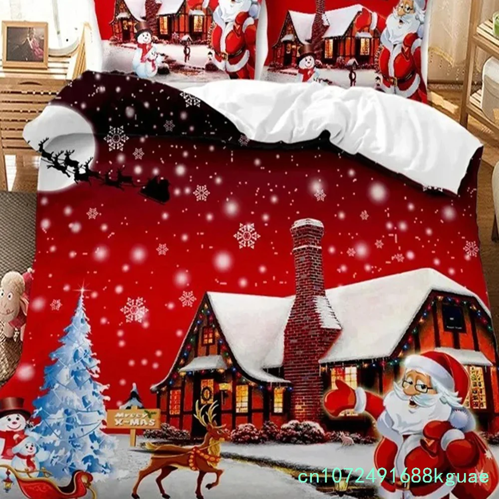 Red Christmas Duvet Cover Santa Claus Snowman Twin King Bedding Set Microfiber Cartoon Comforter Cover With Pillowcases
