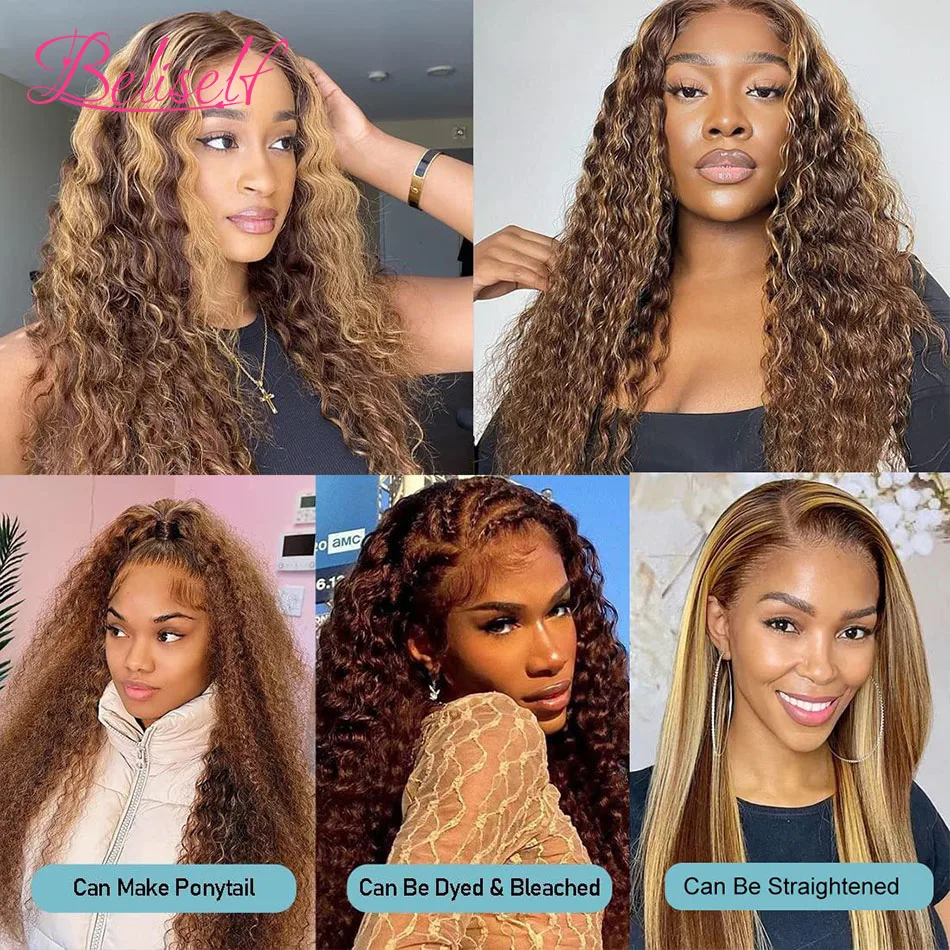 4/27 Highlight Deep Wave Lace front wig Curly human hair wigs Colored 13x4/13x6 Transparent lace Frontal Wig for women Beliself